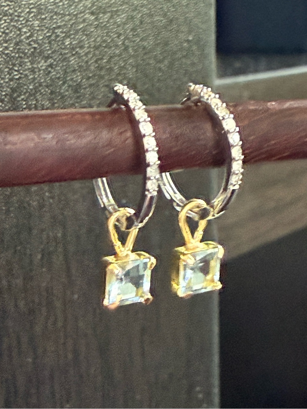 18K White/Yellow Gold Drop Hoop Earrings with Diamonds and Blue Topaz Charms